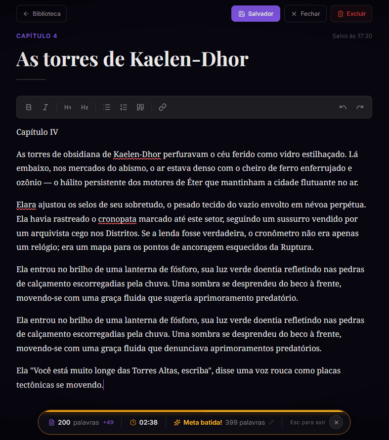 Modo Foco do Scrivyn mostrando a meta diária de palavras batida durante a escrita