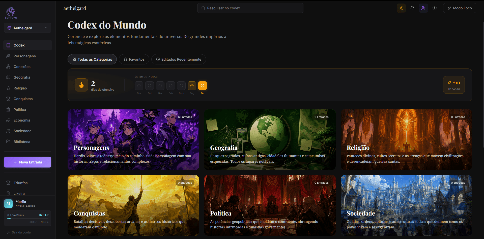 O Codex do Mundo no Scrivyn — painel com todas as categorias de entidades
